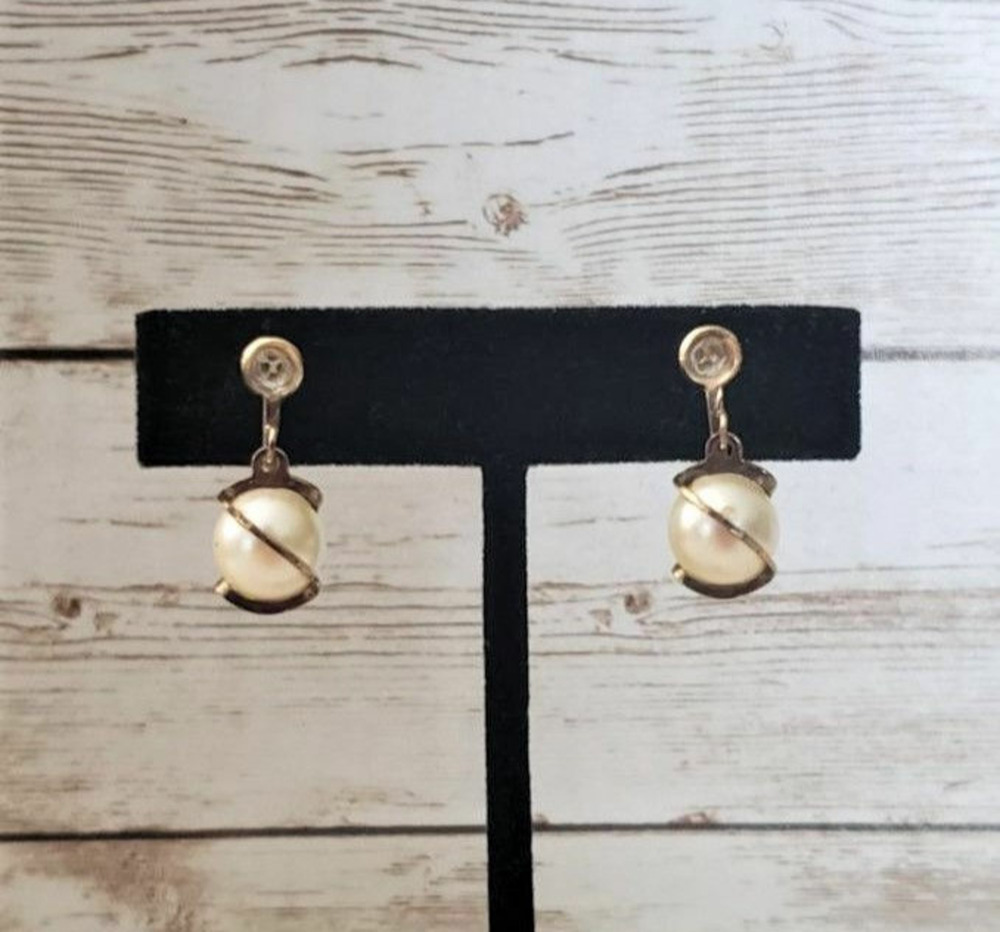 Vintage Screw On Earrings - Bronze Tone Wrapped Faux Pearl Dangle